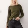 Reclaimed Vintage Long Sleeve Slash Neck Rib Top In Khaki For Women -Closet Theory Her 207923226 1 khaki