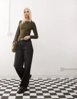 Reclaimed Vintage Long Sleeve Slash Neck Rib Top In Khaki For Women -Closet Theory Her 207923226 2