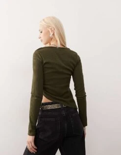 Reclaimed Vintage Long Sleeve Slash Neck Rib Top In Khaki For Women -Closet Theory Her 207923226 4