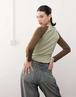 Reclaimed Vintage Raglan Detail Top For Women Khaki -Closet Theory Her 207923247 4