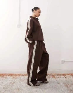 Reclaimed Vintage Unisex Lace Trim Polo Sweatshirt Co-ord In Brown For Women -Closet Theory Her 207925391 3