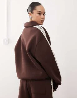 Reclaimed Vintage Unisex Lace Trim Polo Sweatshirt Co-ord In Brown For Women -Closet Theory Her 207925391 4