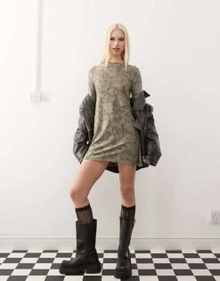 Reclaimed Vintage Textured Jersey Mini Dress With Flared Sleeves In Khaki For Women -Closet Theory Her 207926173 1 khaki 1