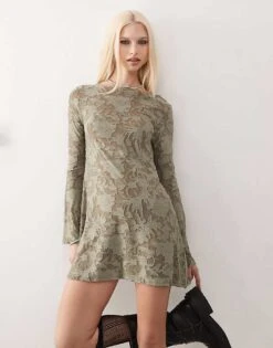 Reclaimed Vintage Textured Jersey Mini Dress With Flared Sleeves In Khaki For Women -Closet Theory Her 207926173 3