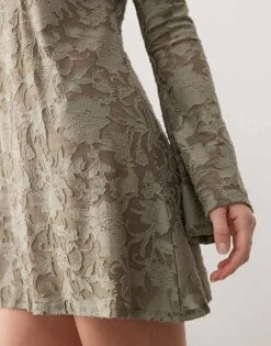 Reclaimed Vintage Textured Jersey Mini Dress With Flared Sleeves In Khaki For Women -Closet Theory Her 207926173 4