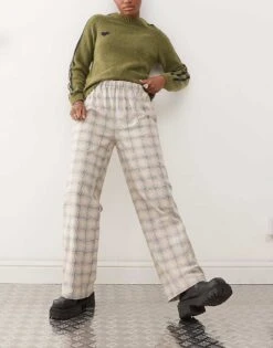 Reclaimed Vintage Wide Leg Pull On Lounge Trouser In Neutral Check For Women