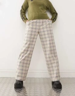 Reclaimed Vintage Wide Leg Pull On Lounge Trouser In Neutral Check For Women -Closet Theory Her 207952190 4