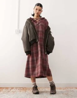 Reclaimed Vintage Midi Smock Dress With Tie Front Ruffle Detail In Burgundy Check For Women Red