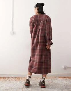 Reclaimed Vintage Midi Smock Dress With Tie Front Ruffle Detail In Burgundy Check For Women Red -Closet Theory Her 207952202 3