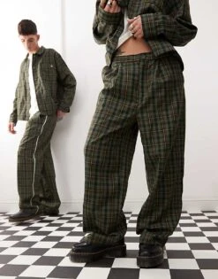 Reclaimed Vintage Unisex Wide Leg Trouser With White Stripe In Green Check For Unisex -Closet Theory Her 207952227 2