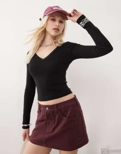 Reclaimed Vintage Lace Trim V-neck Long Sleeve Top In Black For Women -Closet Theory Her 207959814 1 black 1