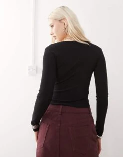 Reclaimed Vintage Lace Trim V-neck Long Sleeve Top In Black For Women -Closet Theory Her 207959814 4