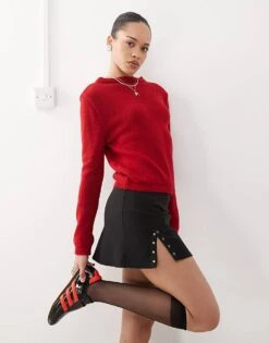 Reclaimed Vintage Crew Neck Knitted Long Sleeve Jumper In Cherry Red For Women