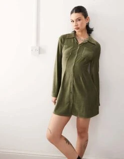 Reclaimed Vintage Cord Mini Shirt Dress In Green For Women -Closet Theory Her 207968921 1 green 1