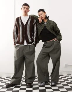 Reclaimed Vintage Unisex Baggy Trouser With Front Pleat Detail In Grey For Unisex Green -Closet Theory Her 207988352 1 green 1