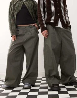 Reclaimed Vintage Unisex Baggy Trouser With Front Pleat Detail In Grey For Unisex Green -Closet Theory Her 207988352 4