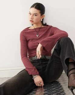 Reclaimed Vintage Textured Flared Sleeve Top In Dusty Pink For Women -Closet Theory Her 208014895 1 pink 1