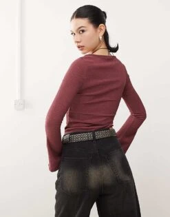 Reclaimed Vintage Textured Flared Sleeve Top In Dusty Pink For Women -Closet Theory Her 208014895 3