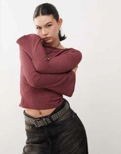 Reclaimed Vintage Textured Flared Sleeve Top In Dusty Pink For Women -Closet Theory Her 208014895 4