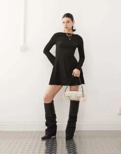 Reclaimed Vintage Textured Mini Dress With Flared Sleeves In Black For Women -Closet Theory Her 208014918 1 black 1