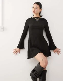 Reclaimed Vintage Textured Mini Dress With Flared Sleeves In Black For Women -Closet Theory Her 208014918 3