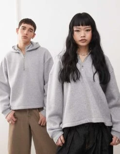 Reclaimed Vintage Unisex Boxy Quarter Zip Hoodie In Grey Marl For Unisex -Closet Theory Her 208014924 1 greymarl 1