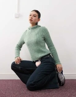 Reclaimed Vintage Fluffy Rib Knitted Hoodie In Aqua Blue For Women -Closet Theory Her 208016905 1 aqua 1