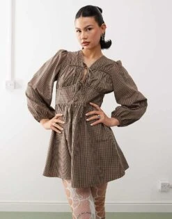 Reclaimed Vintage Mini Smock Dress With Tie Front In Brown Check For Women -Closet Theory Her 208035030 1 check 1