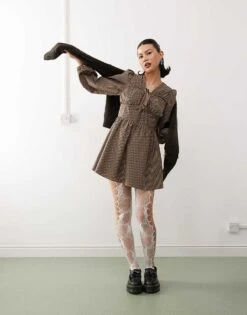 Reclaimed Vintage Mini Smock Dress With Tie Front In Brown Check For Women -Closet Theory Her 208035030 2