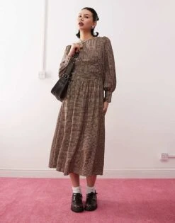 Reclaimed Vintage Maxi Smock Dress With Shirring In Brown Check For Women Multi -Closet Theory Her 208044113 1 multi 1