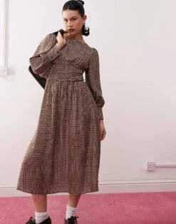Reclaimed Vintage Maxi Smock Dress With Shirring In Brown Check For Women Multi -Closet Theory Her 208044113 2