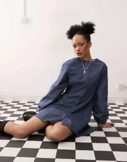 Reclaimed Vintage Mini Dress With Balloon Sleeves In Blue Denim Look For Women -Closet Theory Her 208044119 1 blue 1