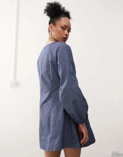 Reclaimed Vintage Mini Dress With Balloon Sleeves In Blue Denim Look For Women -Closet Theory Her 208044119 3