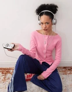 Reclaimed Vintage Ribbed Button Through Cardigan In Pink For Women