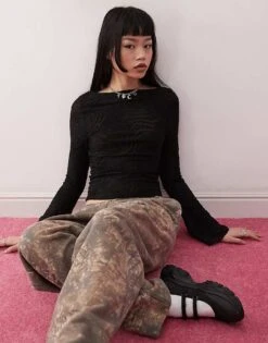 Reclaimed Vintage Flared Sleeve Zebra Animal Burnout Top In Black For Women