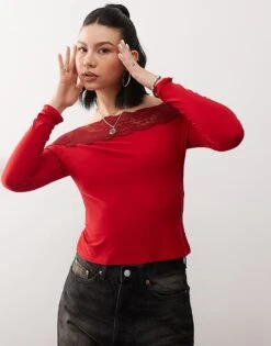 Reclaimed Vintage Bardot Lace Trim Top In Cherry Red For Women
