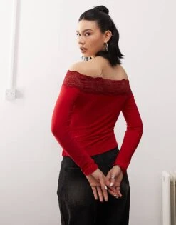 Reclaimed Vintage Bardot Lace Trim Top In Cherry Red For Women -Closet Theory Her 208063506 4