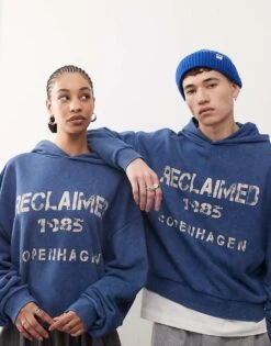 Reclaimed Vintage Unisex Graphic Print Hoodie In Washed Navy For Unisex