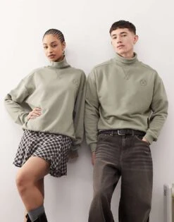 Reclaimed Vintage Unisex Funnel Neck Sweatshirt In Khaki For Unisex