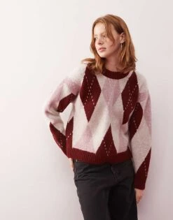 Reclaimed Vintage Oversized Argyle Knitted Jumper In Red And Pink For Women Multicolour Argyle