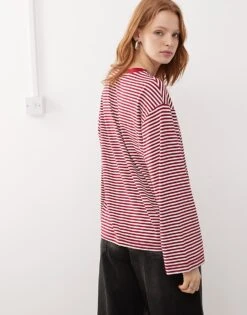 Reclaimed Vintage Long Sleeve Contrast Neck Tee In Fisherman Red Stripe For Women -Closet Theory Her 208082701 4