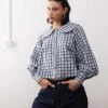 Reclaimed Vintage Boxy Shirt With Peter Pan Collar And Balloon Sleeves In Blue Check For Women Multi