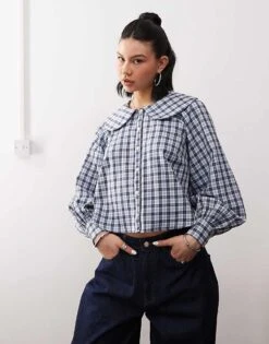 Reclaimed Vintage Boxy Shirt With Peter Pan Collar And Balloon Sleeves In Blue Check For Women Multi