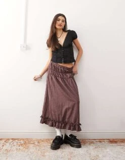Reclaimed Vintage Prairie Midi Skirt With Frill Hem And Shirring In Burgundy Check For Women Multi