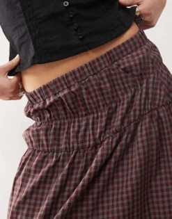Reclaimed Vintage Prairie Midi Skirt With Frill Hem And Shirring In Burgundy Check For Women Multi -Closet Theory Her 208107010 3