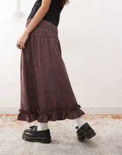 Reclaimed Vintage Prairie Midi Skirt With Frill Hem And Shirring In Burgundy Check For Women Multi -Closet Theory Her 208107010 4