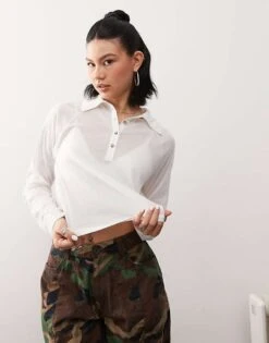 Reclaimed Vintage Soft Touch Relaxed Fit Polo Top In Cream For Women -Closet Theory Her 208120471 1 cream 1