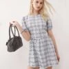 Reclaimed Vintage Mini Smock Dress With Bow Back In Grey Check For Women Blue -Closet Theory Her 208125610 1 blue