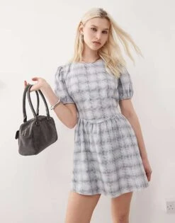 Reclaimed Vintage Mini Smock Dress With Bow Back In Grey Check For Women Blue