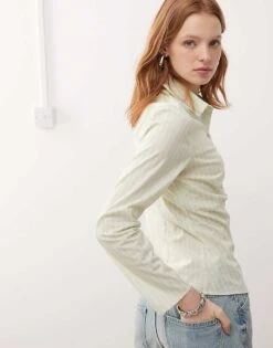 Reclaimed Vintage Ruched Cinched Waist Fitted Shirt In Green Stripe For Women -Closet Theory Her 208125662 4